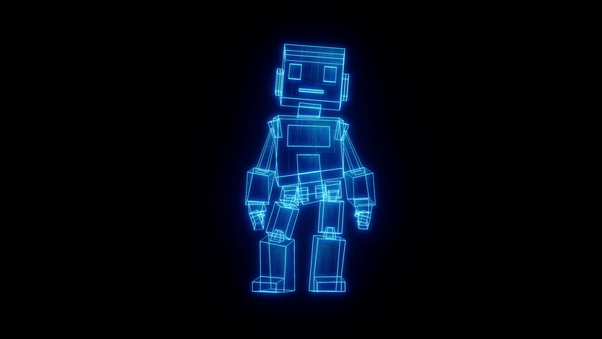 Futuristic blue hologram robot waving hand. Sci-fi, glowing wireframe style. Ideal for greetings, intros, AR VR, digital assistants, and YouTube or TikTok presentations.