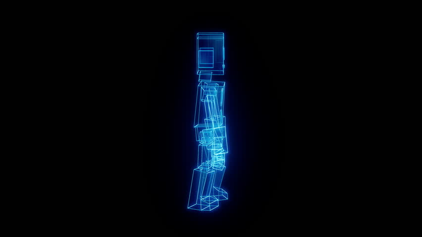 Blue glowing hologram robot turning 90 degrees. Sci-fi wireframe style. Ideal for transitions, futuristic UI, AR VR, digital assistants, and tech presentations.