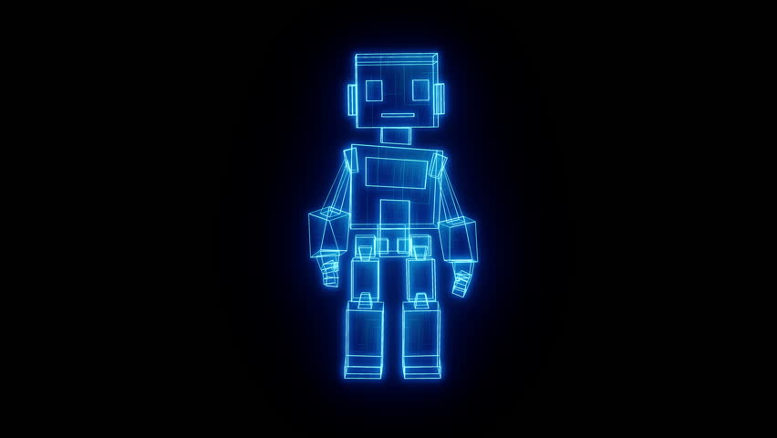 Blue glowing hologram robot waving hand, front view. Sci-fi wireframe animation. Perfect for greetings, digital assistants, AR VR, YouTube intros, and tech presentations.