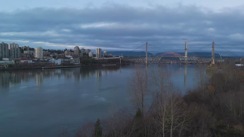 New Westminster City Skyline and Port Mann Bridge at Dusk, British Columbia, Canada