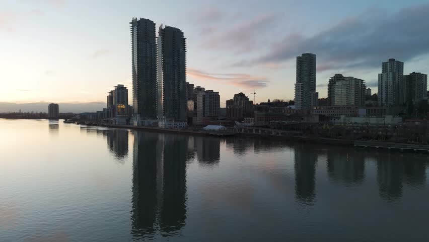 New Westminster Quay at Dawn with Reflections in the Fraser River, British Columbia