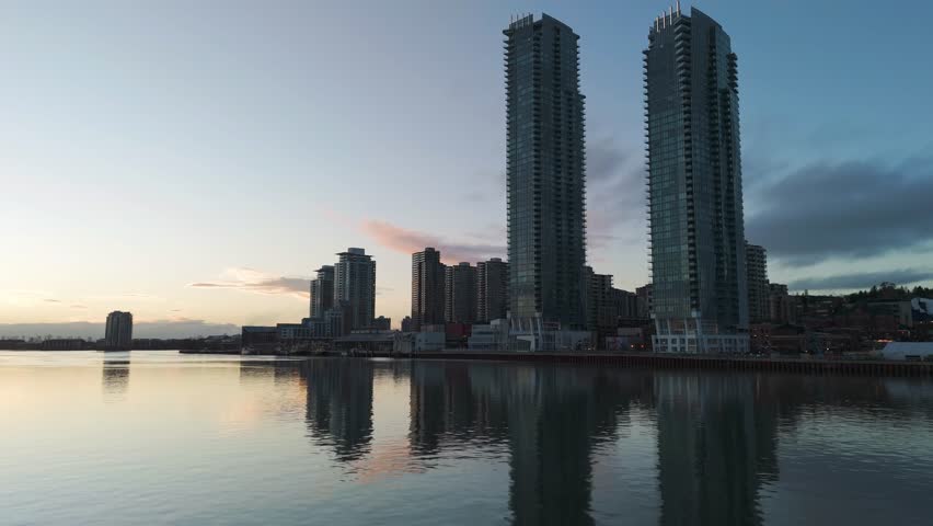Sunrise Over New Westminster Quay, Fraser River, and City Skyline, British Columbia