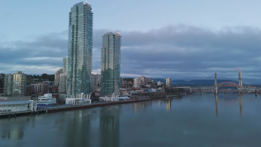 New Westminster City Skyline at Dusk with the Fraser River and Bridge in British Columbia