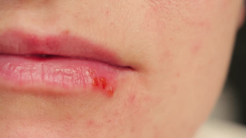 Close-up of lips with ointment applied to herpes sores. Treating herpes on the lips. High quality 4k footage
