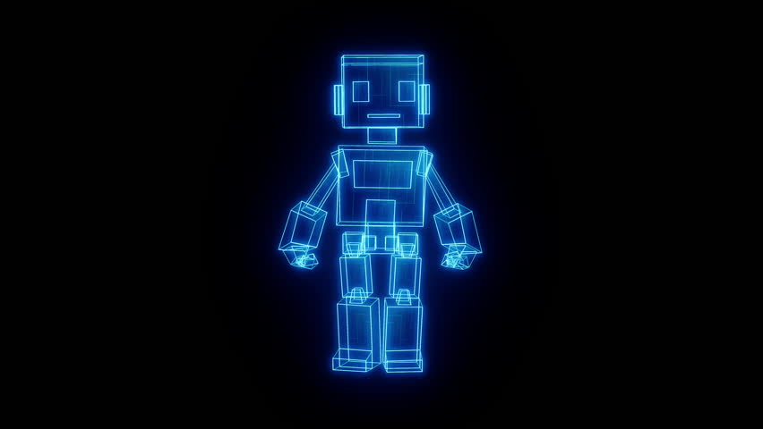 Blue glowing hologram robot saluting in seamless loop. Sci-fi wireframe animation. Ideal for greetings, intros, digital assistants, AR VR, and tech presentations.