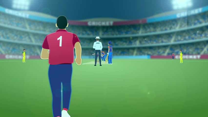 Cricket Match Intro, Cricket match playing between two team in a stadium at night with flood light, cheering audience - Animation, Cricket promo, Digital motion graphic, Bowling, Batting