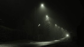 Moody foggy night street scene with a car passing under scattered streetlights. - Powered by Shutterstock - Get 15% off with code: PIKWIZARD15