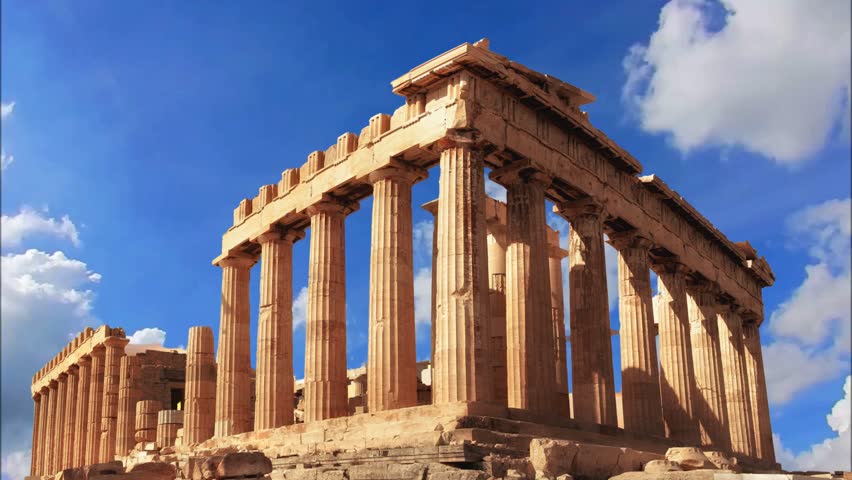 Parthenon temple in sunny day. Acropolis in Athens, Greece. The Parthenon is a temple on the Athenian Acropolis in Greece, dedicated to the goddess Athena.