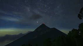 Dramatic timelapse of Guatemala’s erupting Fuego Volcano seen from Acatenango, with fiery lava, volcanic activity and stunning star trails circling above during a clear night. - Powered by Shutterstock - Get 15% off with code: PIKWIZARD15