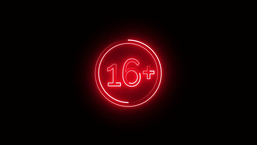 16 plus in a circle of neon red outline on a dark background. Animate the 16 plus sign to make the background transparent, use blend modes.