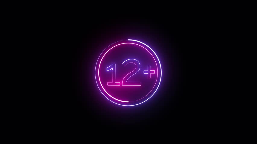 12 plus in a circle, neon blue-pink sign on a dark background. Animated 12 plus sign to make the background transparent, in the image overlay mode.