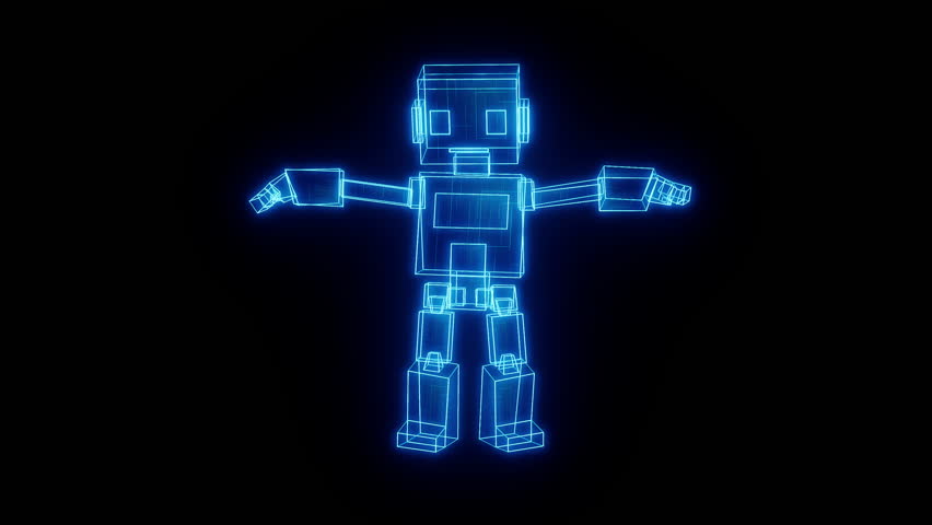 Blue glowing hologram robot performing hip hop wave dance in seamless loop. Sci-fi wireframe animation. Perfect for social media, AR VR avatars, and digital entertainment.