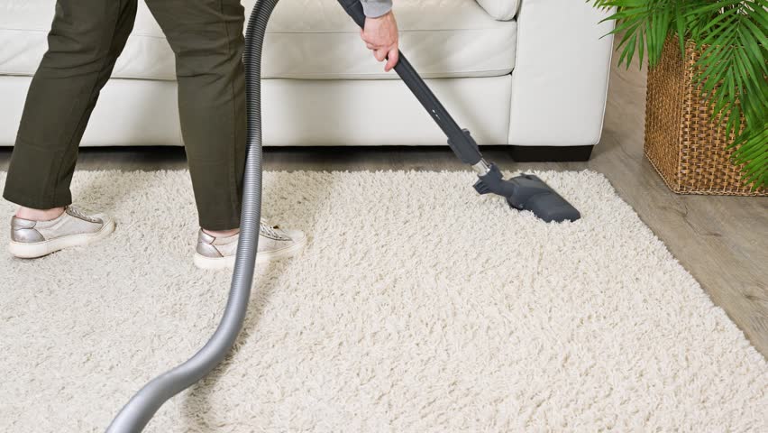 Vacuuming carpet with vacuum cleaner in modern living room