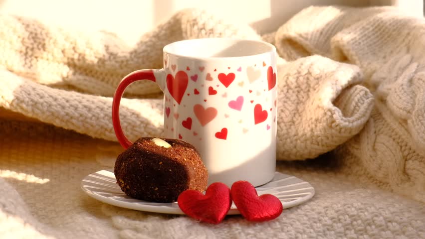 Cup of coffee and sweet chocolate ball cake, romance atmospheric mood, two red hearts, knitted warm plaid and sunlight. Breakfast for Valentines Day - Powered by Shutterstock - Get 15% off with code: PIKWIZARD15