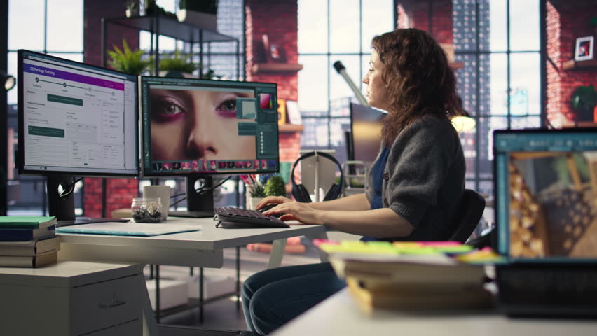 Photographer manages delivery service for a distribution company, focusing on packaging and express shipping. Freelancer using editing software to create content as a hobby, multitasking. Camera A.