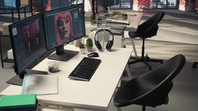 Professional studio setup for AI generated content and photography editing. Empty workspace with monitors displaying retouching software, supports creative careers in visual design. - Powered by Shutterstock - Get 15% off with code: PIKWIZARD15