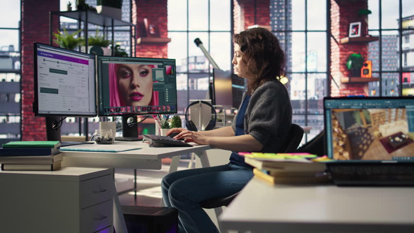 Creative editor uses design software and photography tools to develop content, multitasking to follow package tracking and distribution. Freelancer working two different jobs. Camera A.