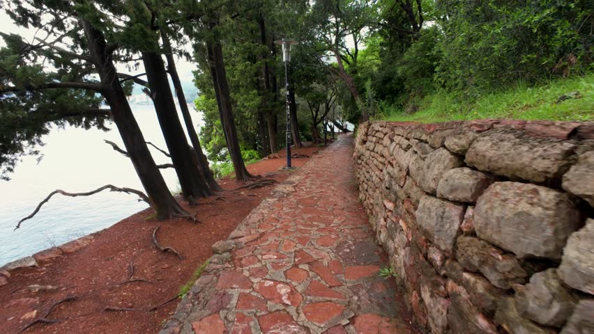 Explore the tranquil beauty of a stone path winding beside a serene lake in Montenegro, surrounded by lush trees.