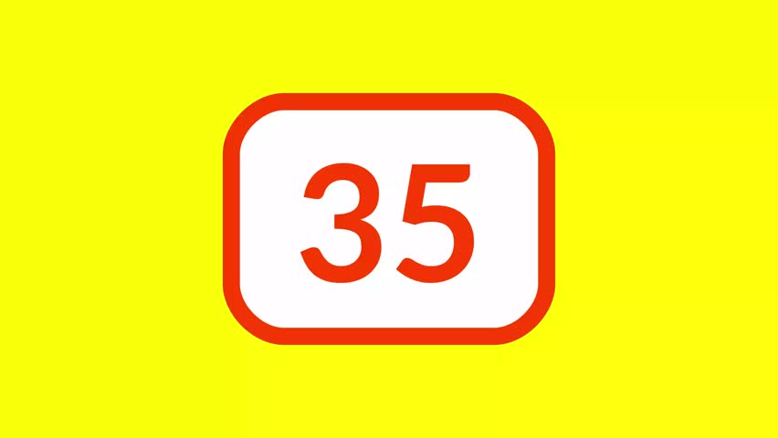 35 second countdown timer featuring bold red numbers inside a rounded white box on yellow background perfect for educational, kids content, animated explainers, and presentation