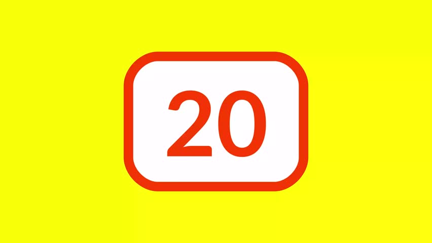 20 second countdown timer featuring bold red numbers inside a rounded white box on yellow background perfect for educational, kids content, animated explainers, and presentation