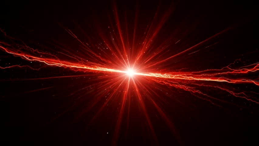 The image features a brilliant, central burst of white light, intensely radiating outwards with streaks and flares of vibrant red.
