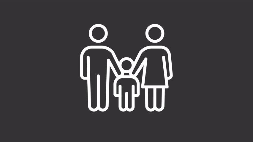 Animated parents taking care of child white line icon. Loving family with little offspring animation. Married couple supporting kid. Isolated element on dark background. Alpha transparent video