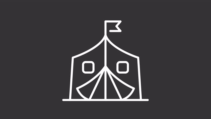 Right to asylum in other countries from persecution white line animation. Tent camp for victims animated icon. Refugees protection program. Isolated element on dark background. Alpha transparent video