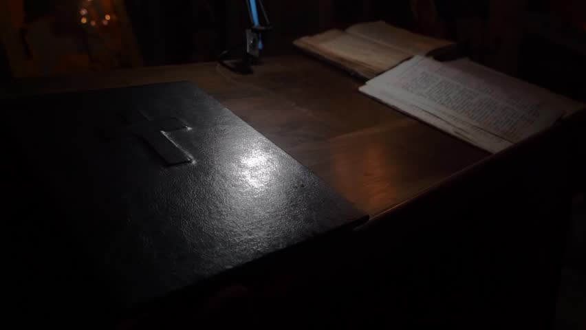 Bible on the table in a Christian church. Christianity, Bible study, religion concept