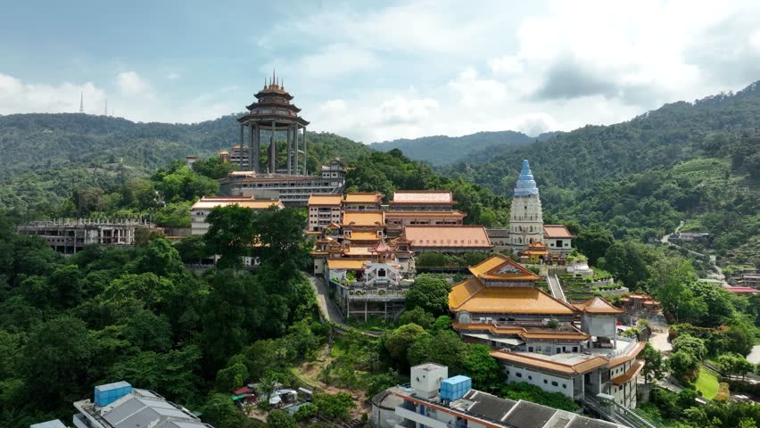 Kek Lok Si buddhist Temple Penang island Malaysia Air Itam, aerial drone over complex