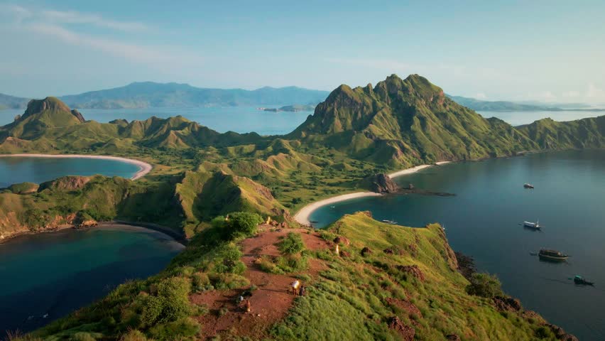 Padar Island, with three distinct bays and beaches of white, pink, and volcanic sand. The contrasting beach colors, blue Flores Sea, and dramatic hills make it a striking landscape of Komodo Island.