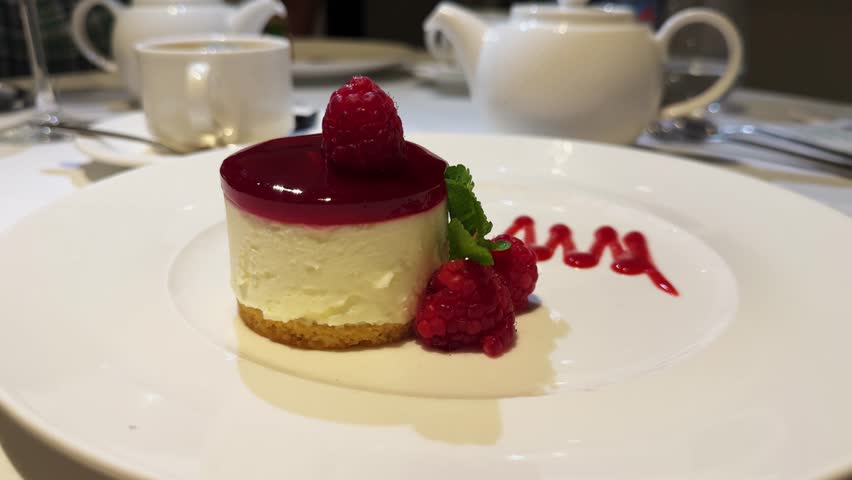 Raspberry cheesecake served with berries and mint. Delicious delicate dessert. High quality 4k footage