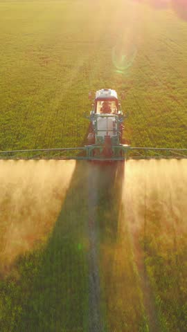 Irrigation on agricultural field top view on moving machinery sprinkling water. Growing plants on agricultural fields in ecological area, pouring water with fertilizer and pesticides for good harvest