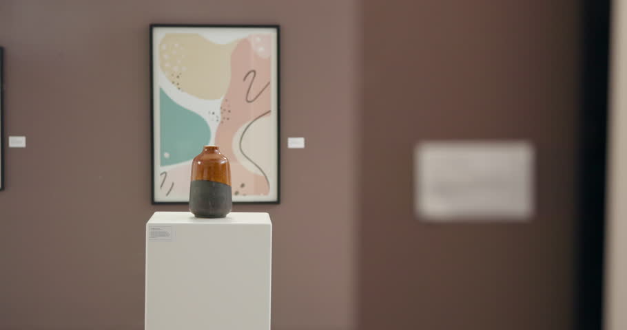 Art gallery, painting and empty room with display or collection for auction, sale or price at exhibit. Frame, market or ceramic pieces with label for canvas showcase, exposition or fine depository