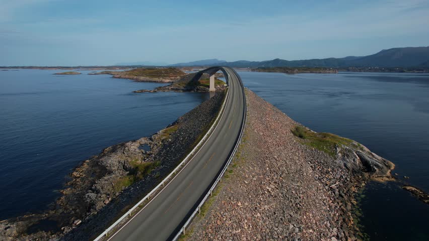Norway’s Atlantic Ocean Road, Atlanterhavsvegen, linking islands across open sea. Scenic bridges and road trip travel.