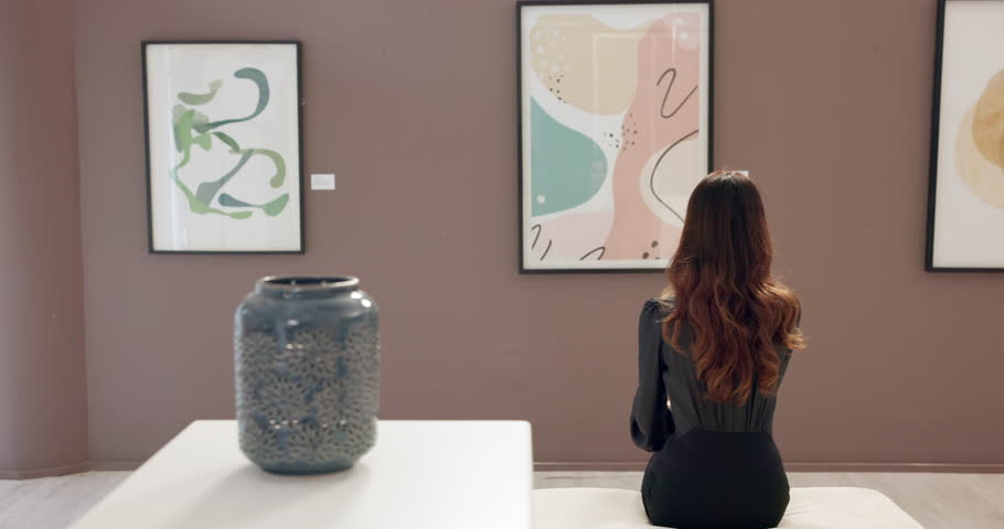 Thinking, painting and back of woman in gallery for museum curator, exhibition and artwork collection. Gala expo, inspiration and auction catalog with person and art for culture, event and reflection