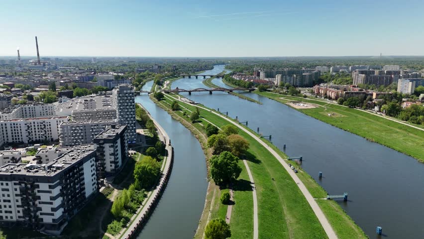 Aerial View of Modern Residential District and River in Wrocław, Poland