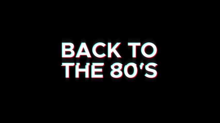 back to the 80's text word white on black green 4K animation loop with dynamic glitch distortion effect. seamless effect for trailer, Sales and title poster banner