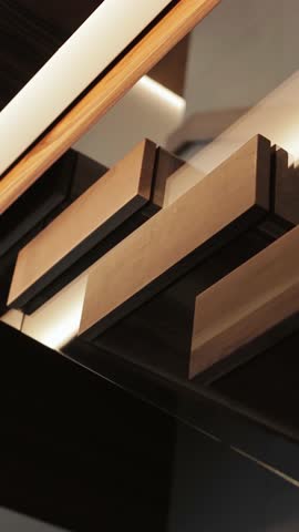 A close-up shot of a stylish wooden stairs, complemented by modern lighting. 