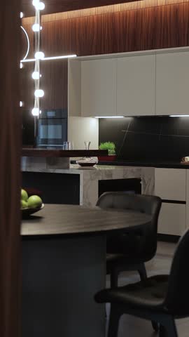Vertical video. Modern kitchen design with elegant lighting, black table and marble. 