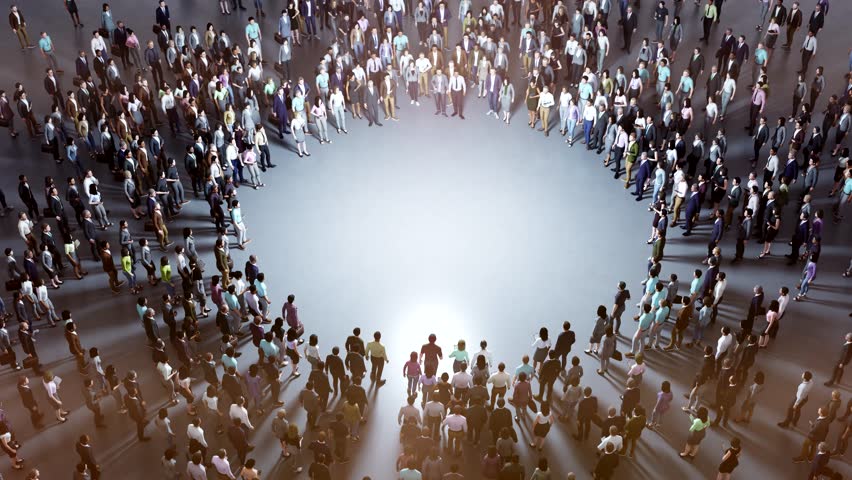 People are gathering around a bright light, creating an expanding community