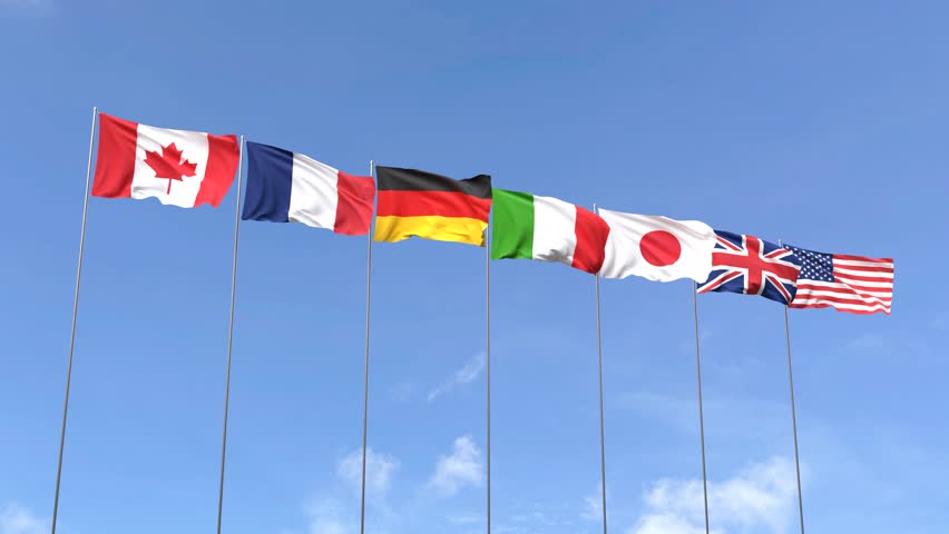 Loop video of G7 nation flags under blue sky
