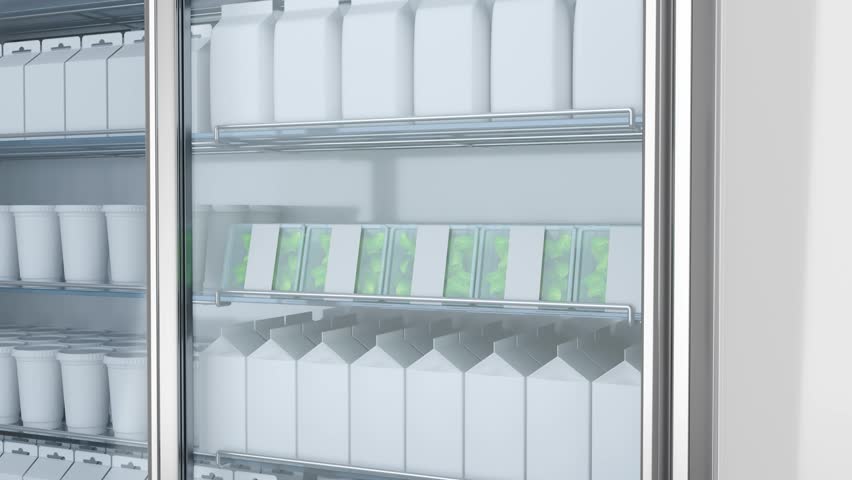The glass door of the retail cabinet slides open, there are salad plastic disposable packaging containers on the glass shelf. 3d animation