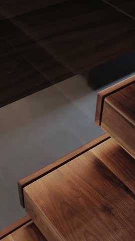 Close-up of wooden stairs, in a modern interior.Luxury Modern Apartment Interior. Vertical video