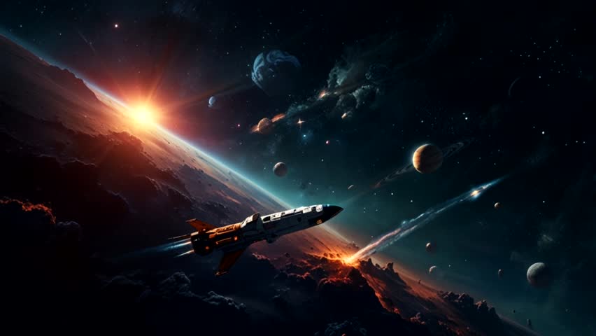 The image showcases a sleek, futuristic spaceship soaring across a dramatic cosmic landscape. - Powered by Shutterstock - Get 15% off with code: PIKWIZARD15