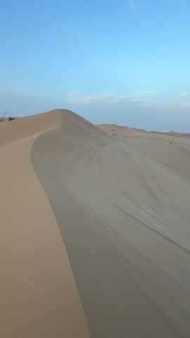 A wide view of endless desert dunes under a soft blue sky. The fine sand and smooth curves of the landscape create a minimalistic, calm atmosphere. Ideal for topics such as travel, Middle Eastern natu