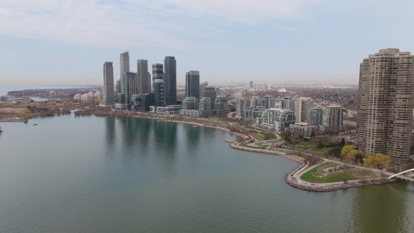 City Views Along Humber Bay In Lake Ontario South of Toronto, Ontario, Canada. Aerial Drone Shot