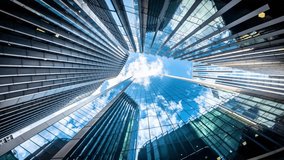 Motion time lapse view of looking directly up at the skyline of the financial district in central London with clouds passing by, modern architecture as a background - Powered by Shutterstock - Get 15% off with code: PIKWIZARD15