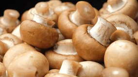 Brown champignons mushrooms Cremini Baby Bella macro slow rotation, black background - Powered by Shutterstock - Get 15% off with code: PIKWIZARD15