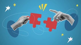 Two Hands Reaching to Connect Red Puzzle Pieces Against a Bright Blue Background with Dots and Stars for Teamwork and Collaboration Concepts - Powered by Shutterstock - Get 15% off with code: PIKWIZARD15