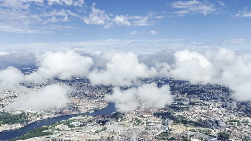 Airplane view flying over Porto river and city